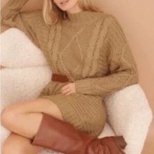 Anthropologie Amadi Cozy Cable Knit Sweater Dress with Belt